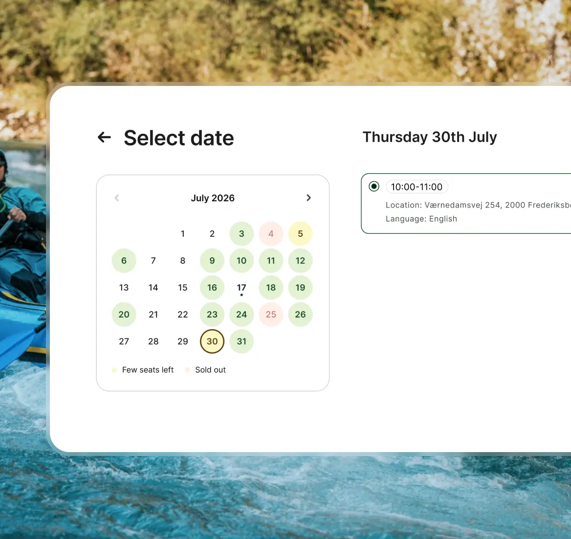 Booking interface showing a July 2026 calendar with selectable dates, highlighting Thursday 30th July with a 10:00-11:00 time slot available at Værnedamsvej 254, Frederiksberg, in English.