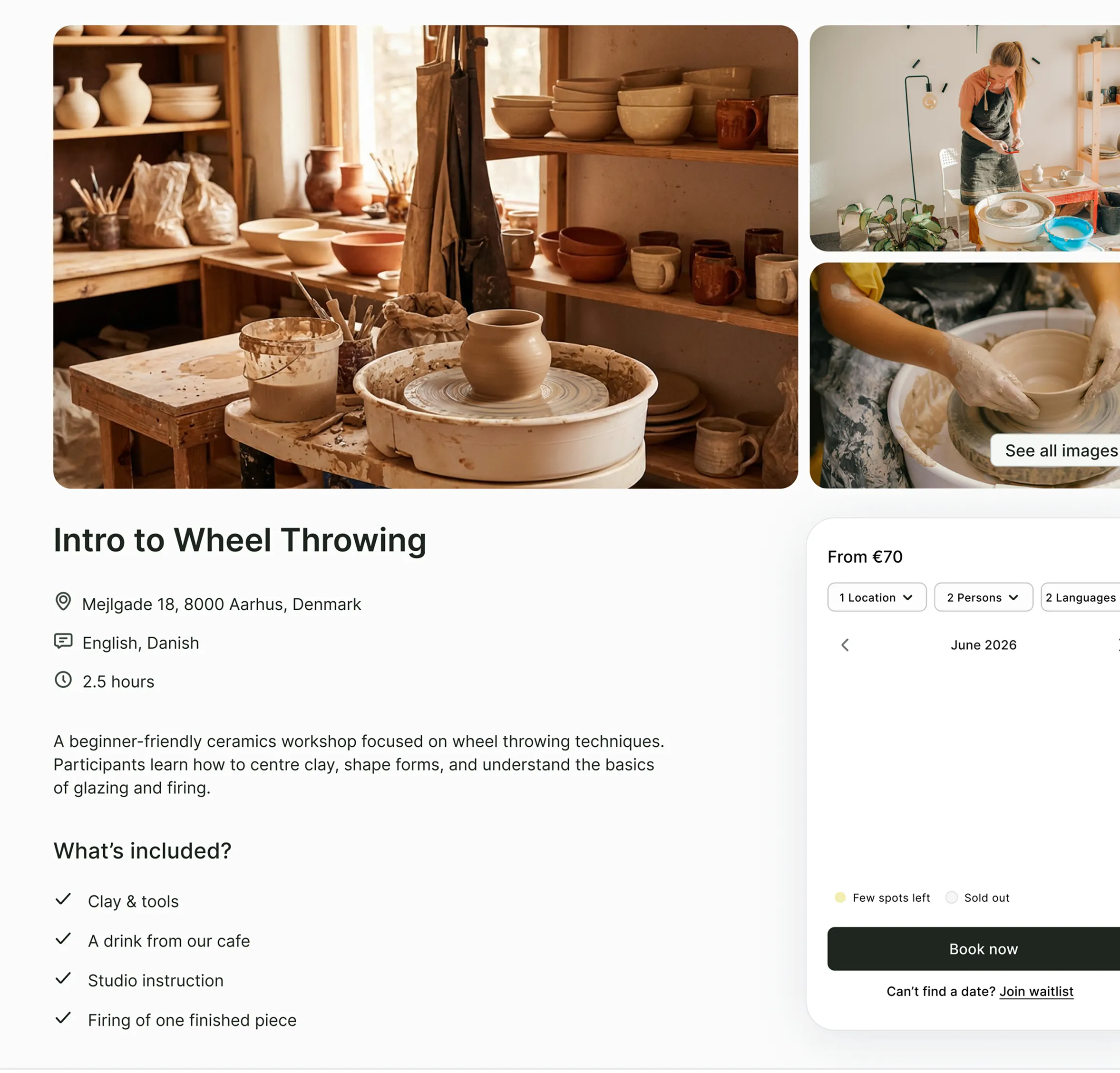 Ceramics workshop setup with pottery wheel and various clay pots and bowls on shelves, alongside booking details for an Intro to Wheel Throwing class in Aarhus, Denmark.