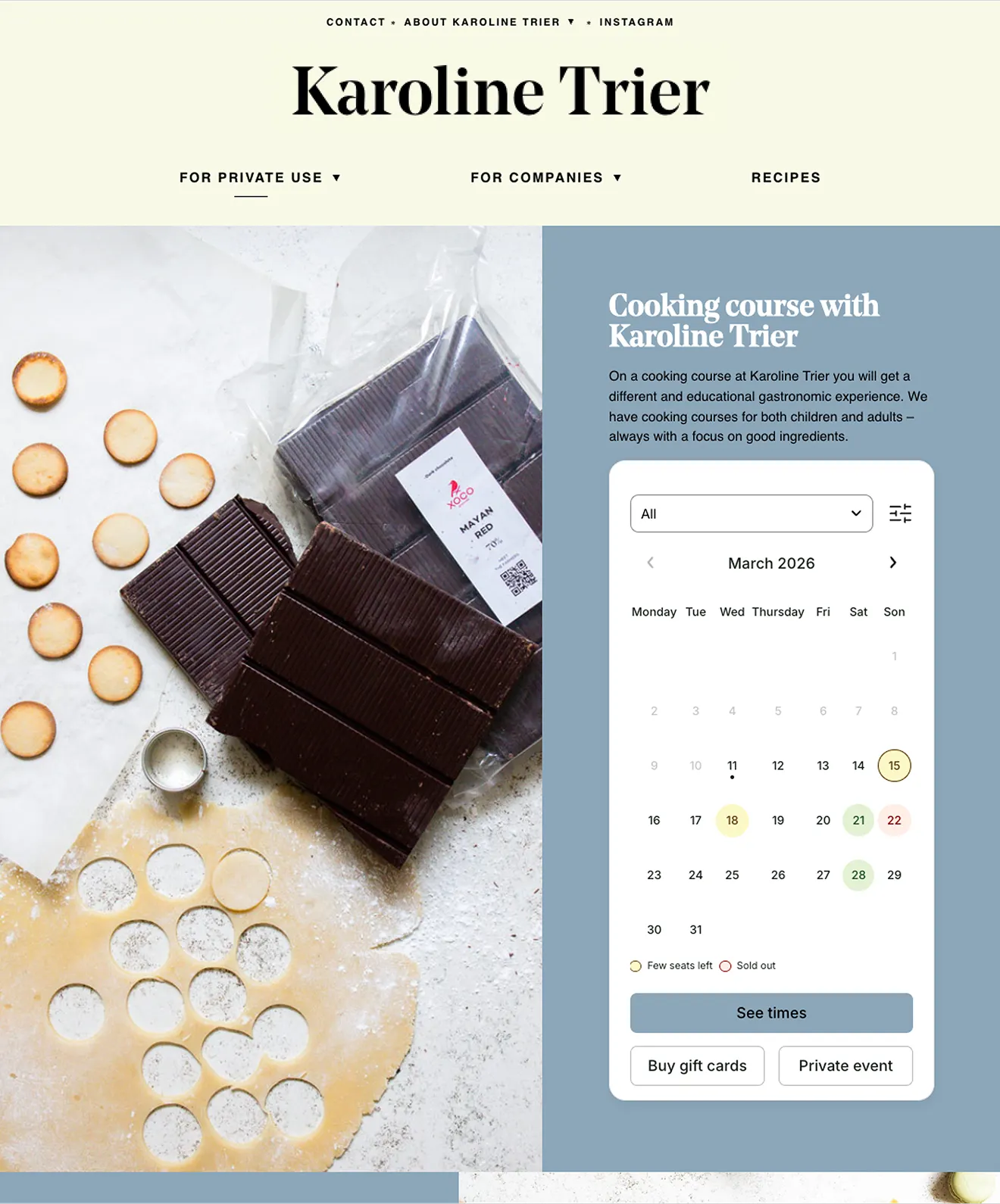 Baking scene with rolled dough cut into circles, round cookies, and large blocks of chocolate on a flour-dusted surface next to a cooking course schedule for March 2026 by Karoline Trier.