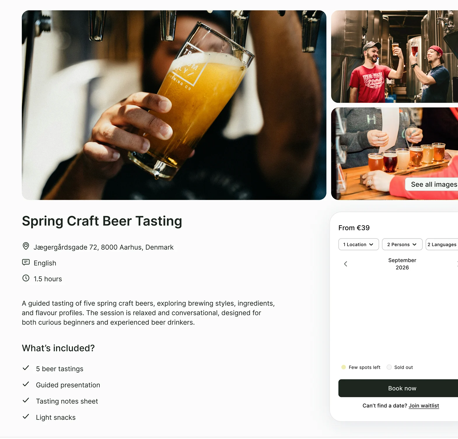 Craft brewery beer tasting event details with images of beer pouring, people toasting glasses, and a beer tasting flight on a table.