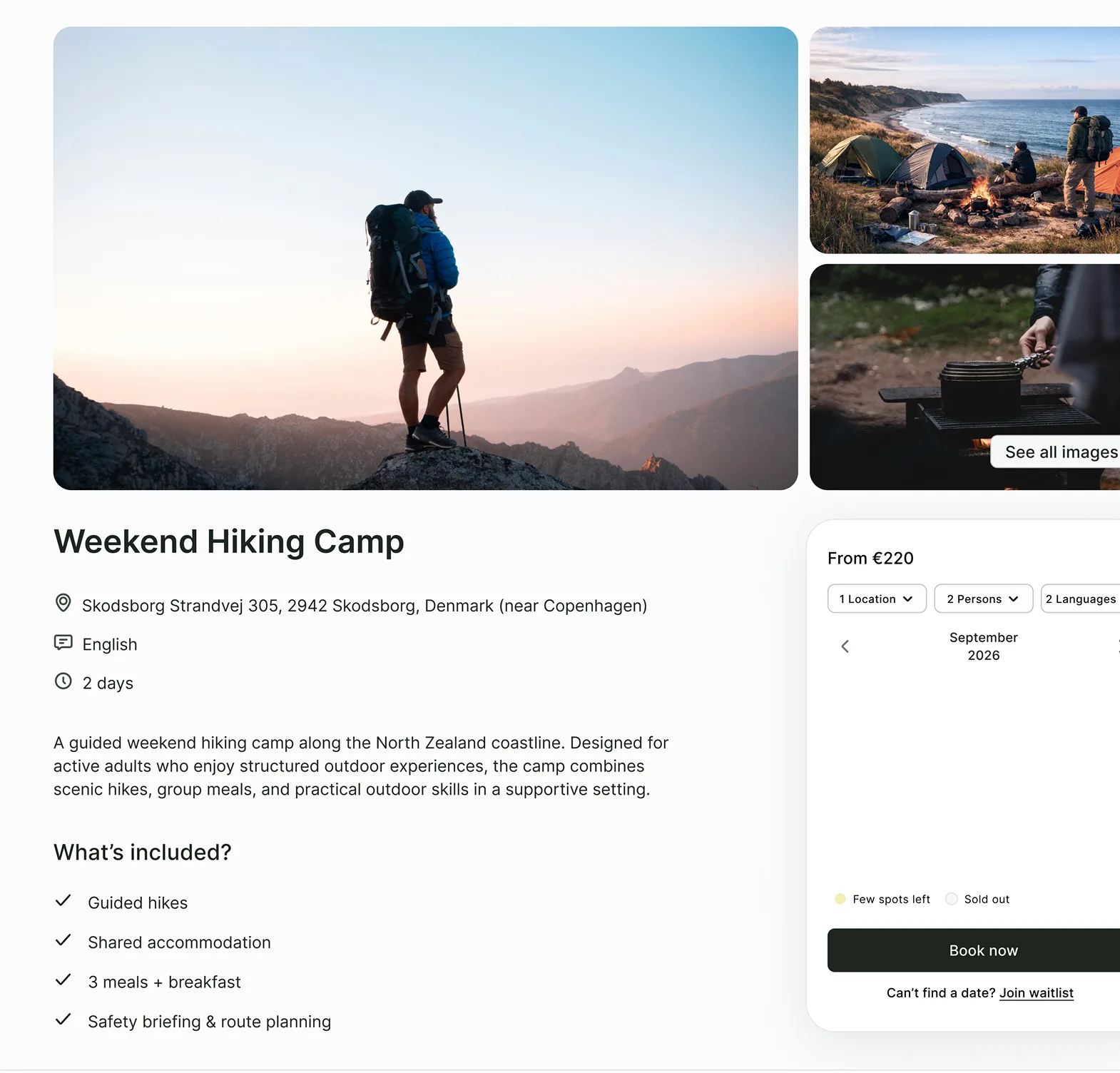 Man with hiking backpack standing on a rock overlooking mountain landscape at sunrise or sunset.