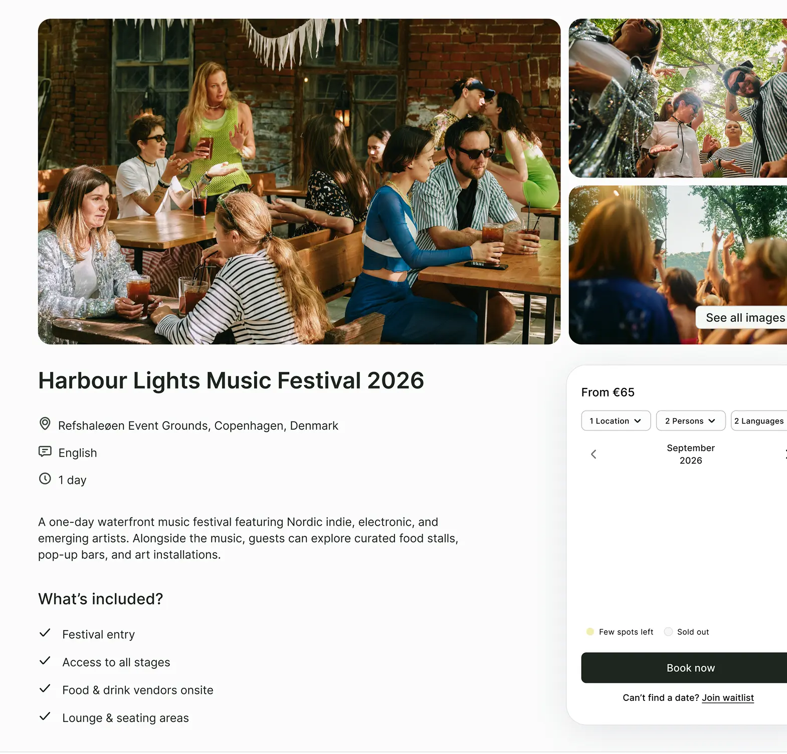 People enjoying drinks and socializing at an outdoor music festival with a brick wall background and trees overhead.
