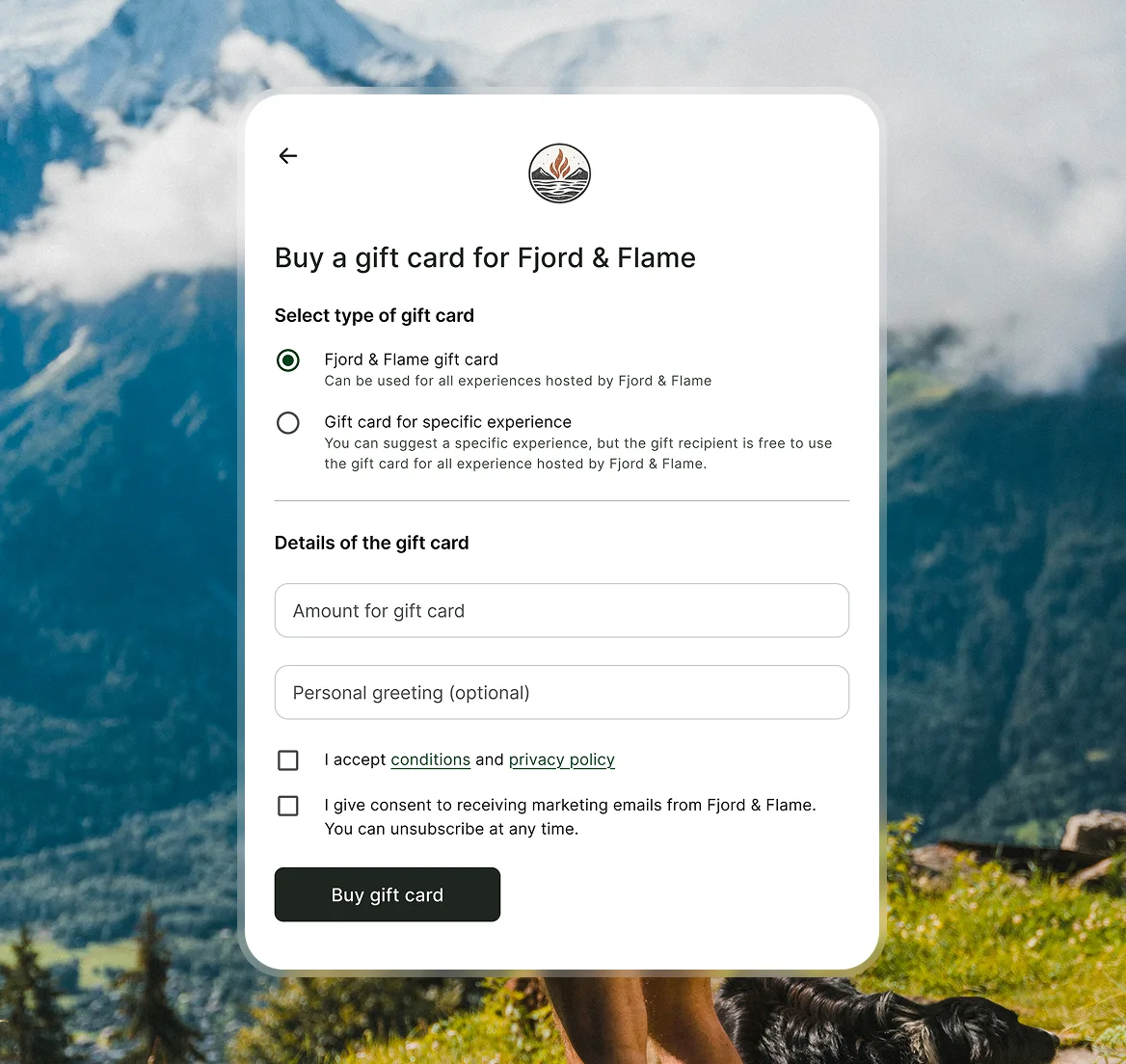 Web form for buying a Fjord & Flame gift card with options to select gift card type, enter amount, add a personal greeting, accept conditions and privacy policy, consent to marketing emails, and a button to buy the gift card.