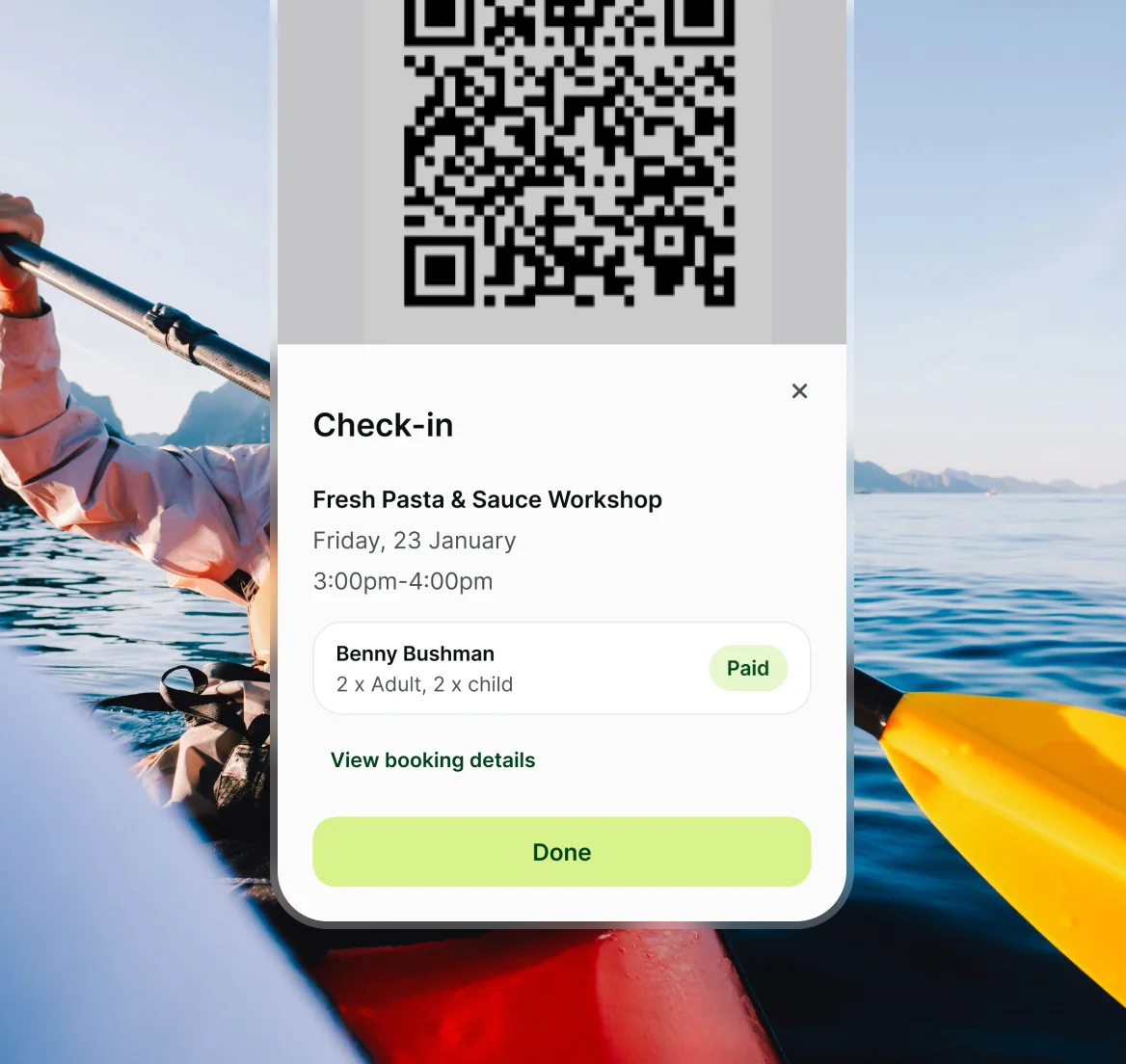 Mobile screen showing check-in for Fresh Pasta & Sauce Workshop on Friday, 23 January, 3:00pm-4:00pm, for 2 adults and 2 children, marked as paid with QR code above.