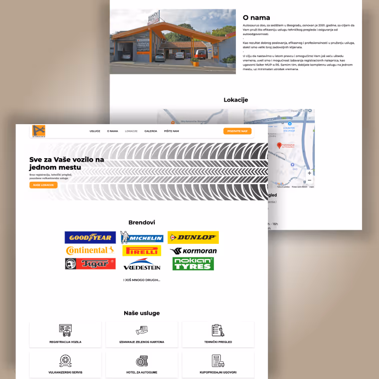 Website for Autosaurus with service offerings, tire brand logos, contact button, and a map showing location in Belgrade.