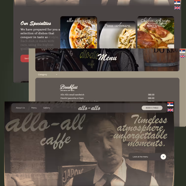 Collage of three web pages from Allo-Allo cafe showing a man in vintage style, menu with breakfast items, and images of pizza, pasta, and chicken dishes.