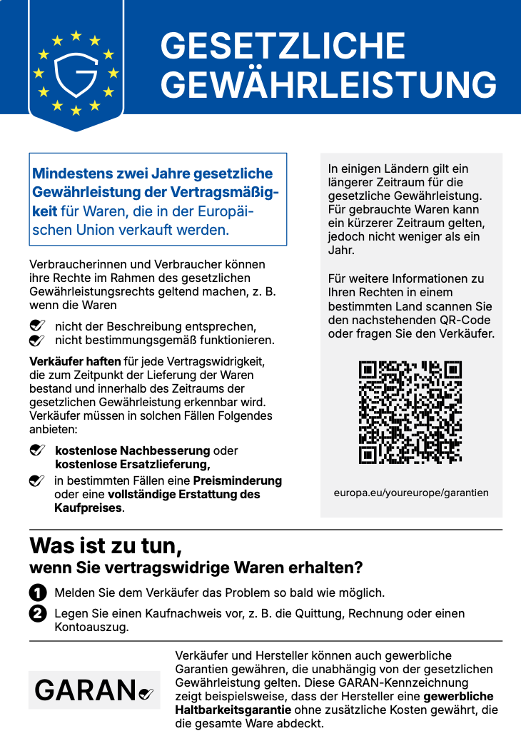 Amtliche EU-Mitteilung „Gesetzliche Gewährleistung“: mindestens zwei Jahre gesetzliche Gewährleistung für in der EU verkaufte Waren, Rechte bei vertragswidrigen Waren und QR-Code zu weiteren Informationen.