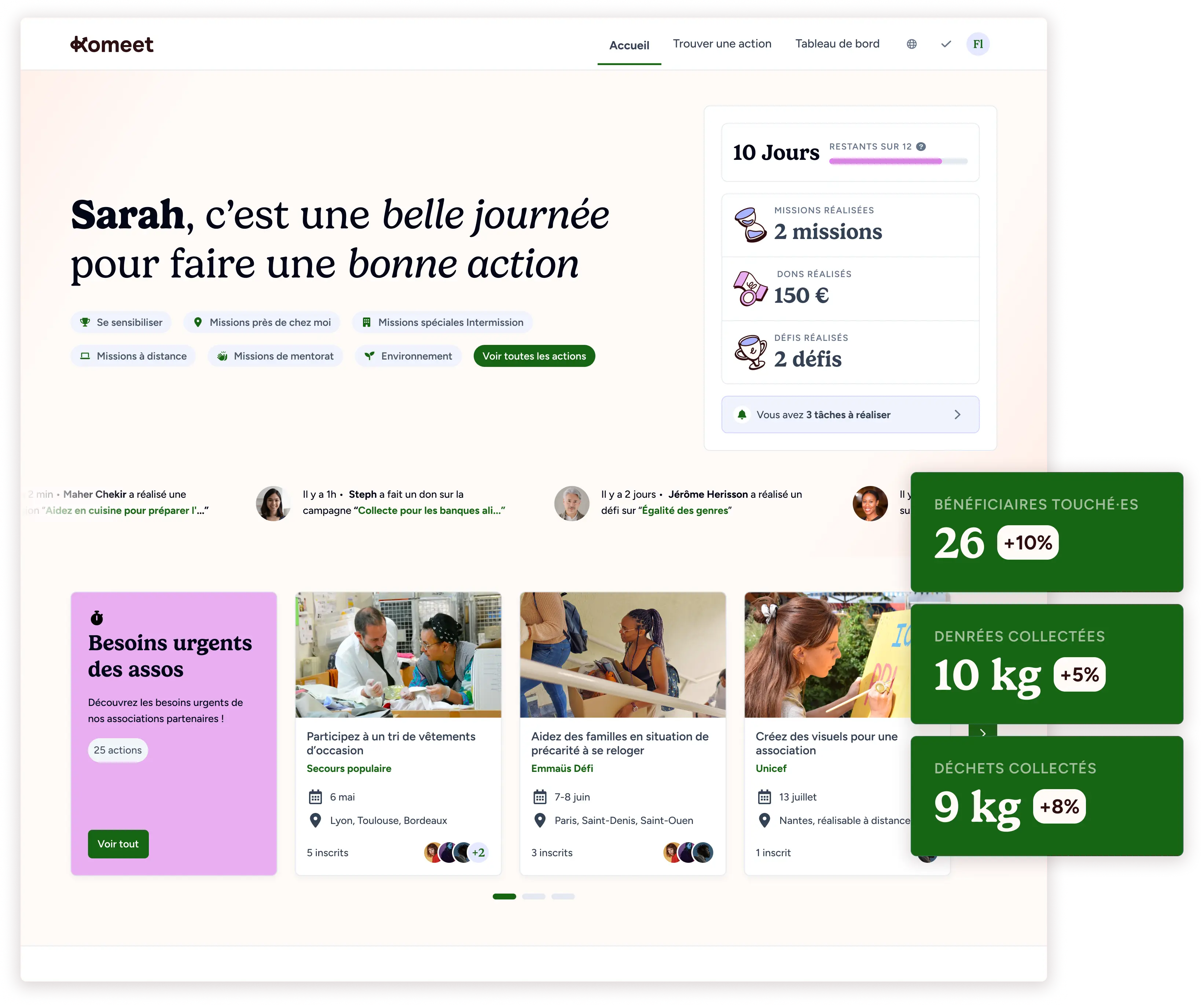 Aperçu de la plateforme Komeet - page d'accueil des salariés