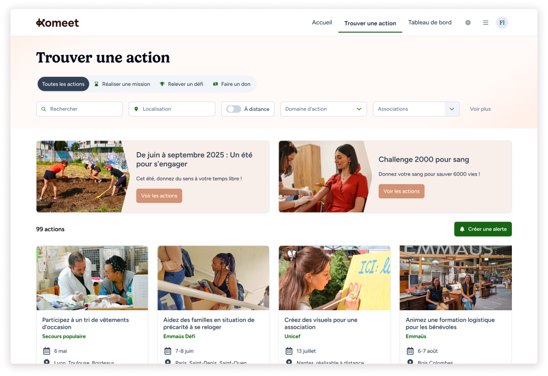 Aperçu de la plateforme Komeet - Trouver l'action solidaire de son choix