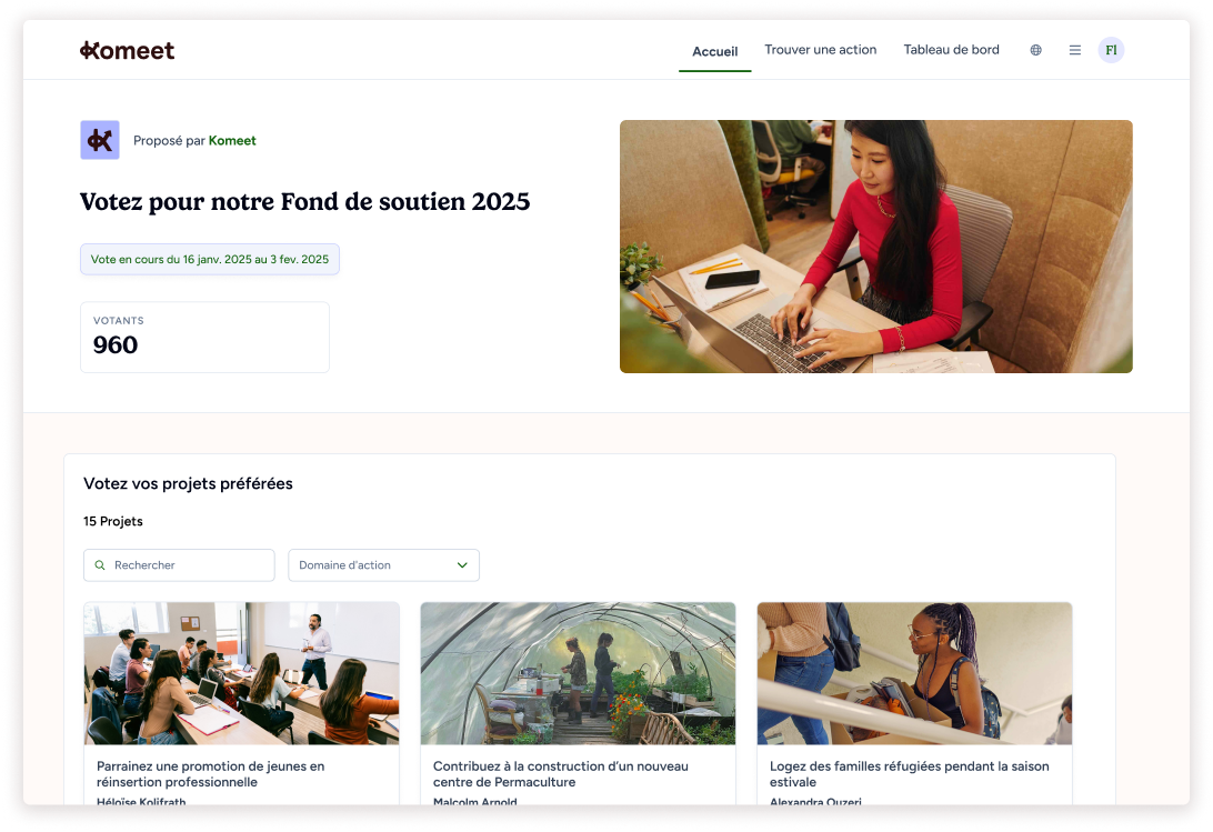 Aperçu de la plateforme RSE Komeet - espace pour les entreprises