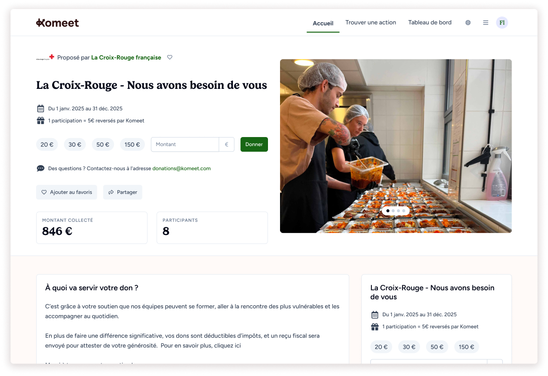 Aperçu de la plateforme d'engagement Komeet - Espace de dons