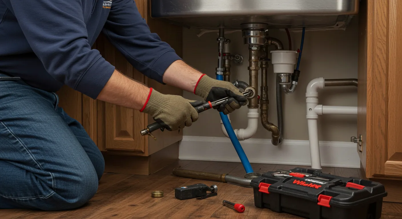 Plumber kneeling, repairing pipes under a sink with tools.
