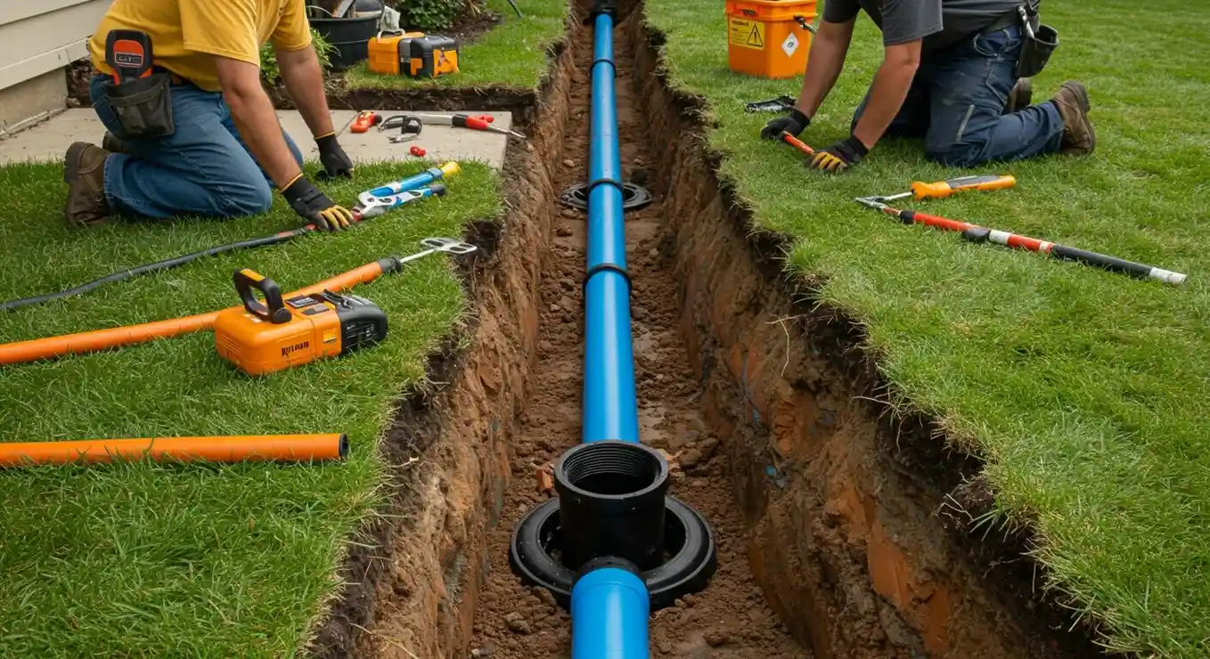 Two technicians in a trench installing a blue sewer line in a grassy area.