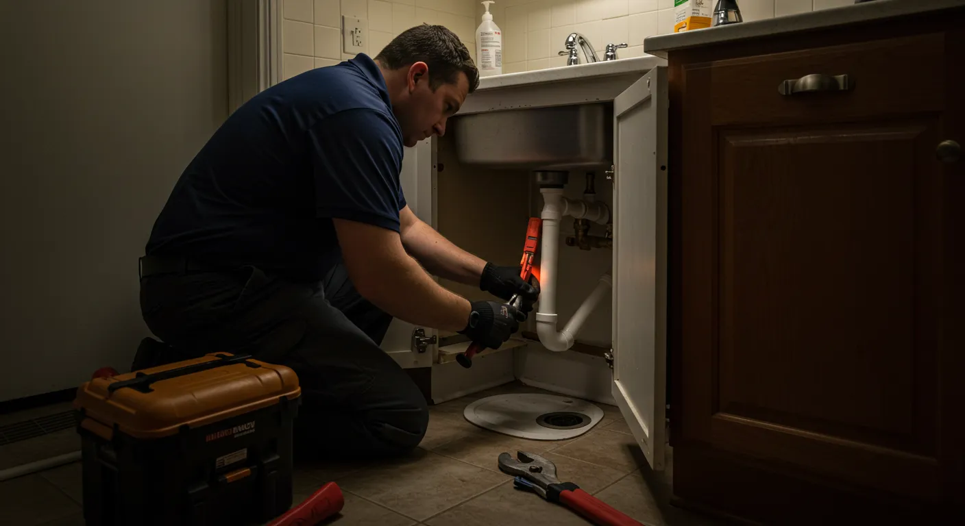 A plumber wearing gloves kneels to repair pipes under a kitchen sink, with a toolbox and other tools on the floor nearby.