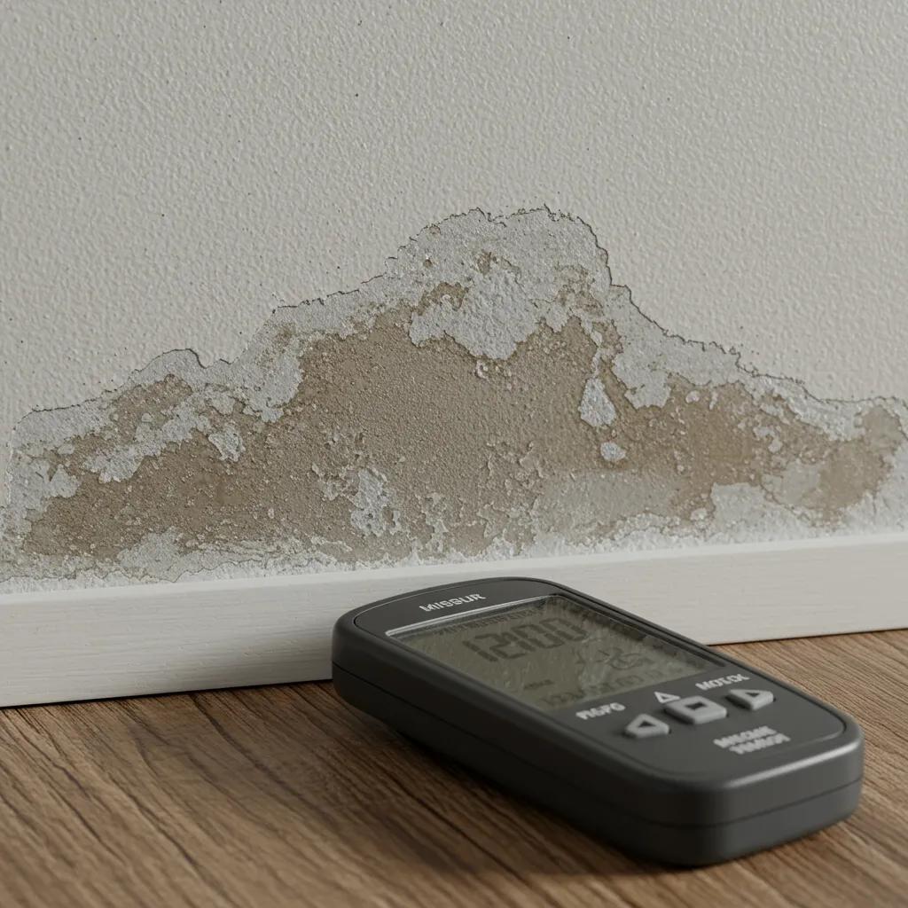 Close-up view of discolored damp patches on a wall, suggesting a potential water leak.