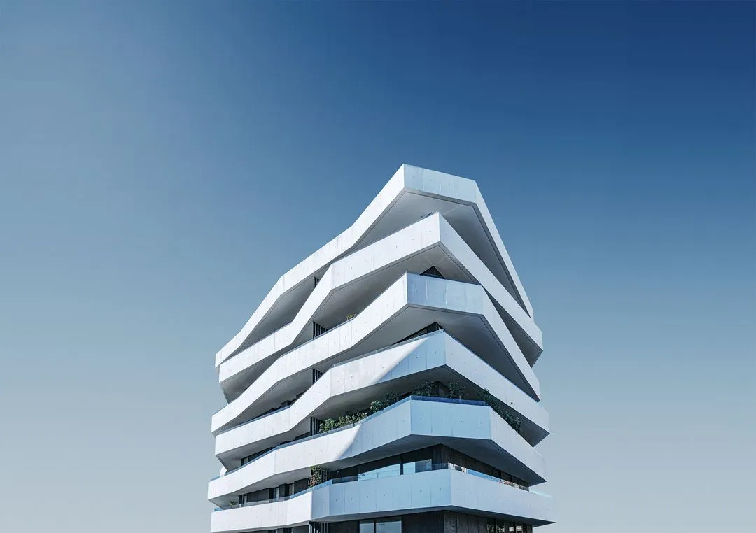 Contemporary apartment building with clean lines and large balconies