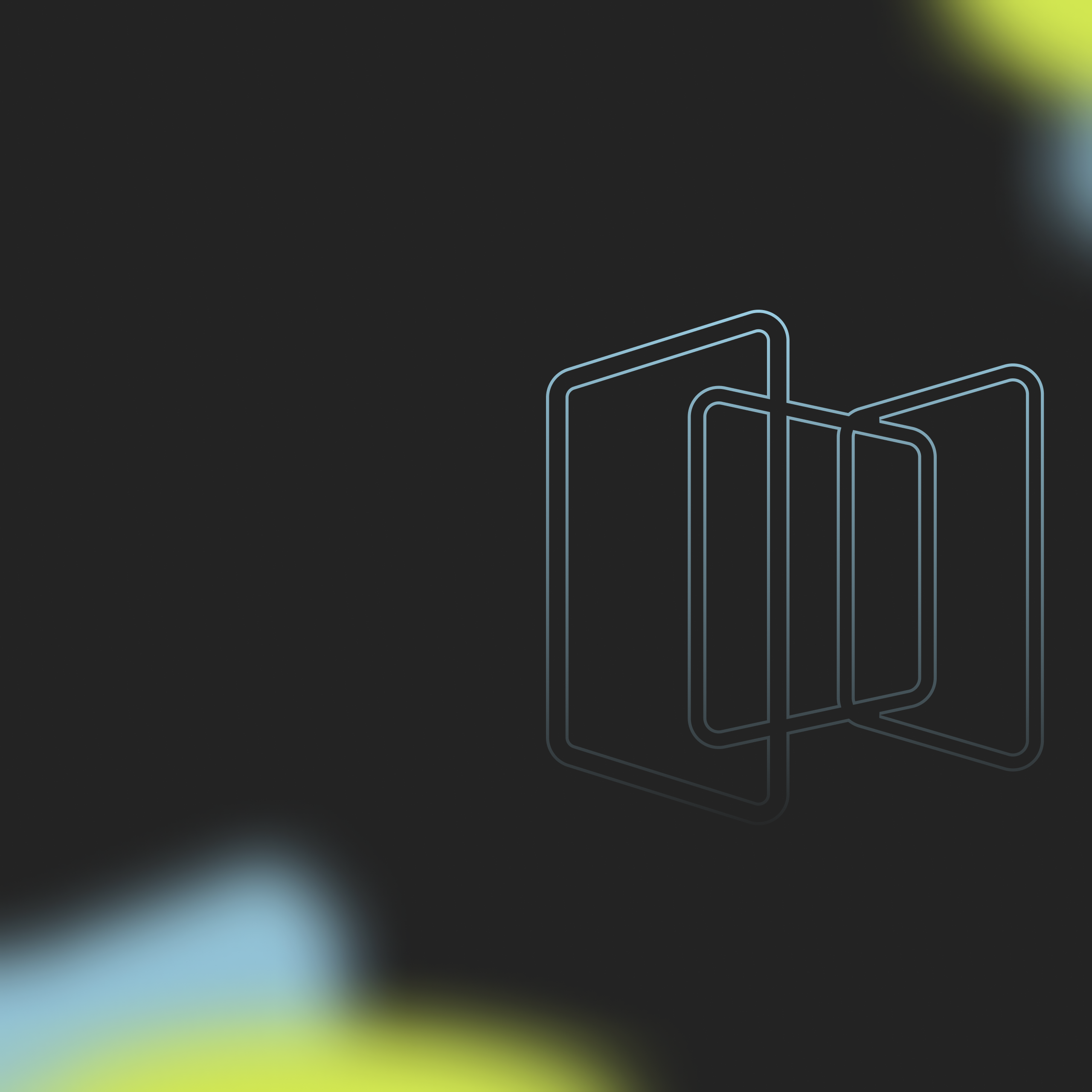 Siluetter av overlappende, gjennomsiktige skjermer på mørk bakgrunn med gule og blå diffuse flekker i hjørnene.