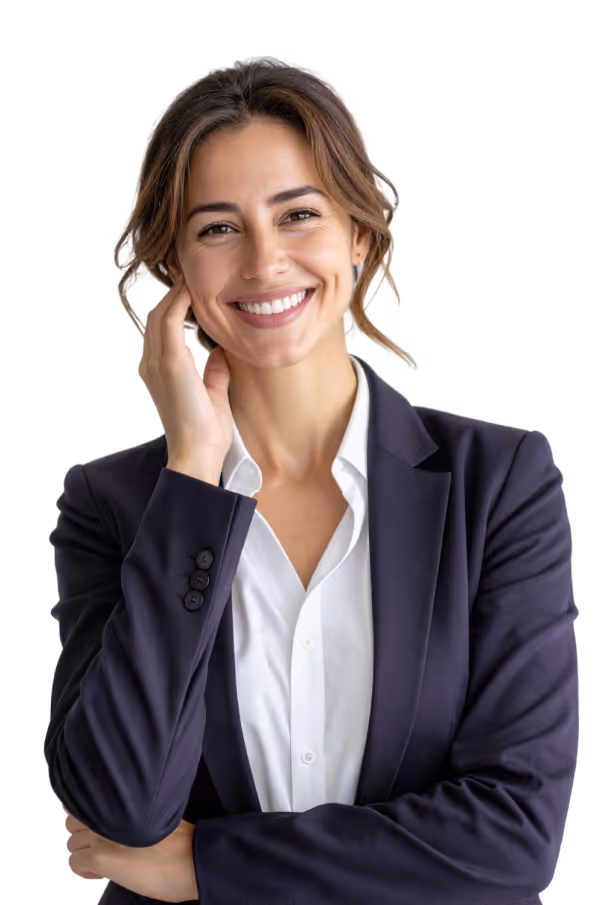 A woman with a tan skin tone, white a long light brown hair tied back, using a white shirt covered buy a dark purple blazer