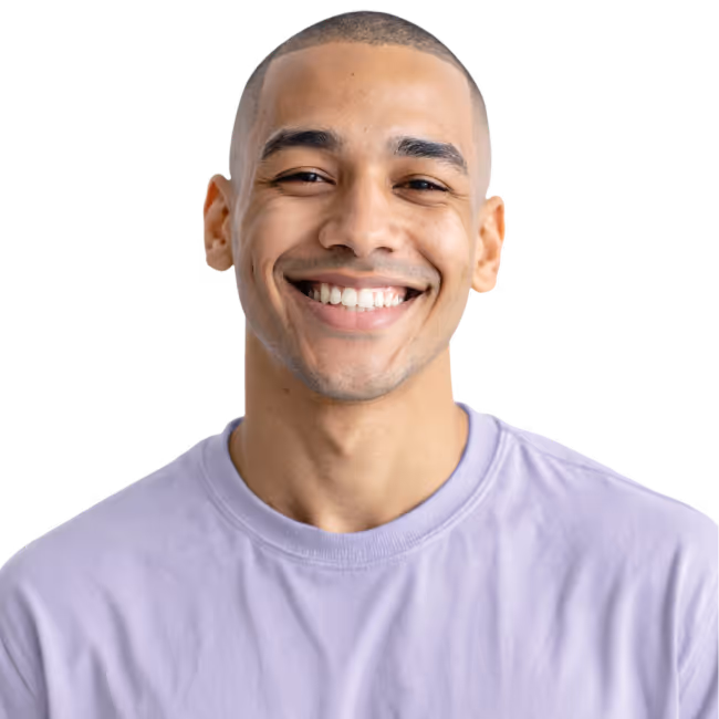 A man with tan skin tone, very short hair, using a light purple t-shirt