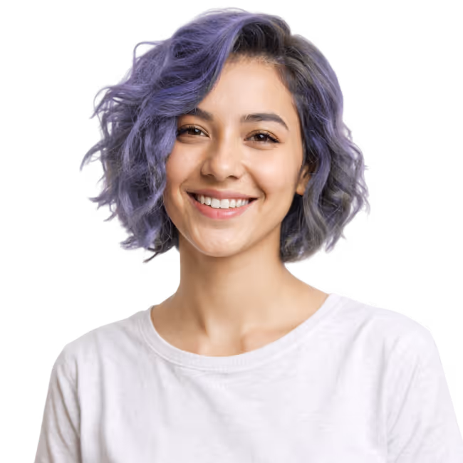 White woman, with short purple curly hair, using a white t-shirt