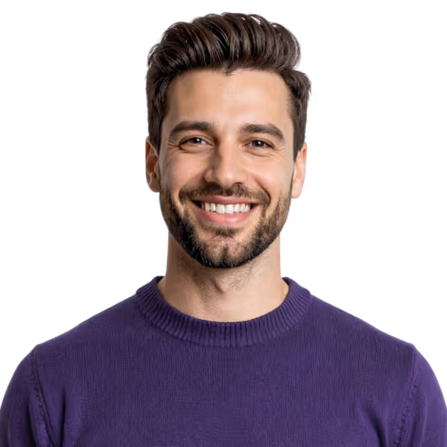 White man, with a short brown hair, medium beard, using a dark purple t-shirt