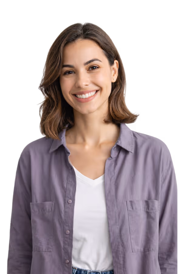 Smiling woman with a short brown hair, in a purple shirt over a white t-shirt.