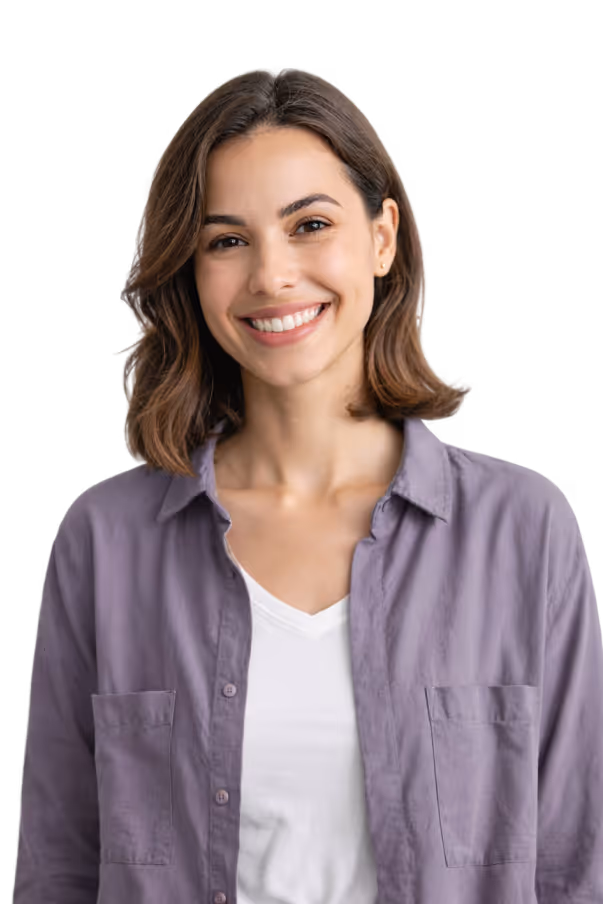 Smiling woman with a short brown hair, in a purple shirt over a white t-shirt.