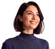 Smiling woman with short dark hair wearing a navy blue turtleneck sweater.