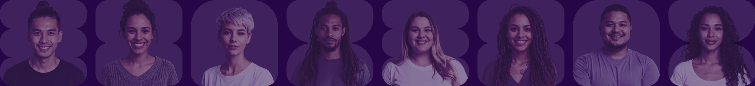 Retratos de seis jovens adultos diferentes sorrindo ou olhando para a câmera contra um fundo roxo.
