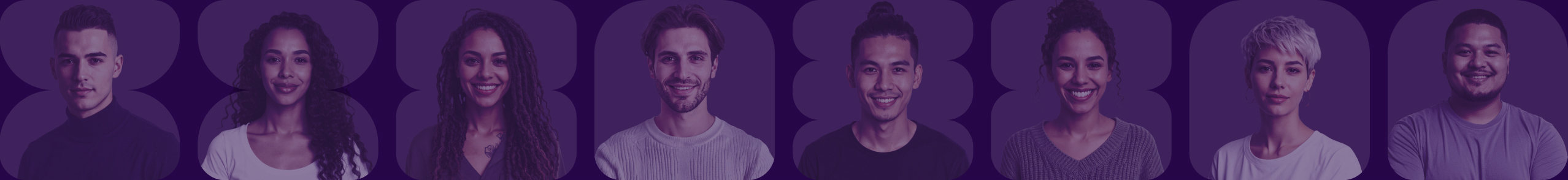 Retratos de seis jovens adultos sorridentes diversos contra um fundo roxo.