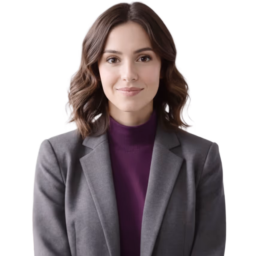 Woman with shoulder-length brown hair wearing a grey blazer over a purple top, smiling softly.