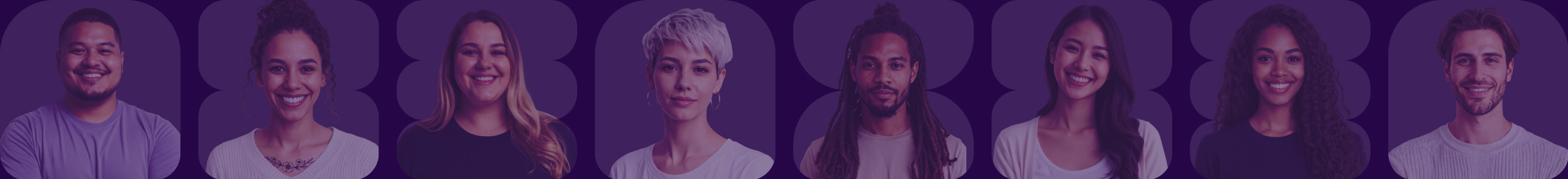 Portraits of six diverse young adults smiling or looking at the camera against a purple background.