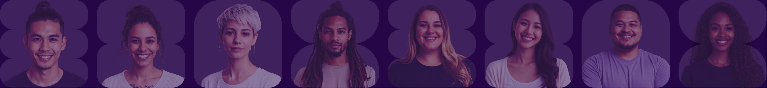 Portraits of six diverse young adults smiling or looking at the camera against a purple background.