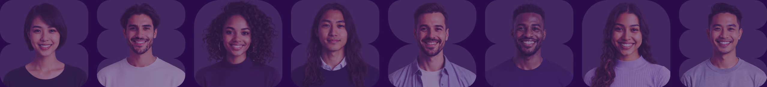 Portraits of six diverse smiling young adults against a purple background.
