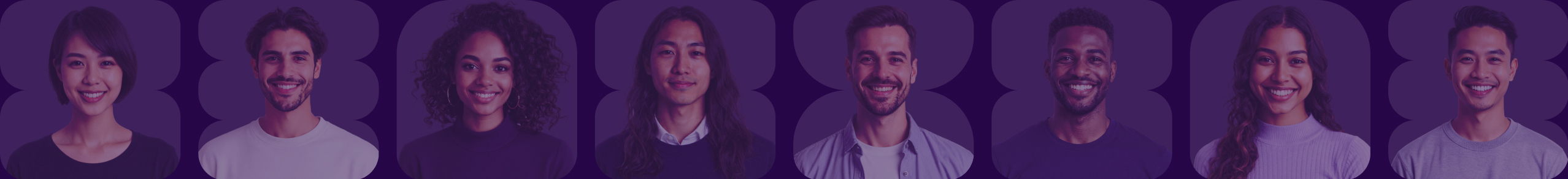Portraits of six diverse smiling young adults against a purple background.