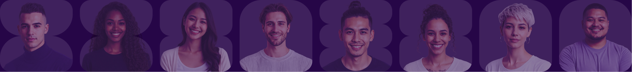 Portraits of six diverse smiling young adults against a purple background.