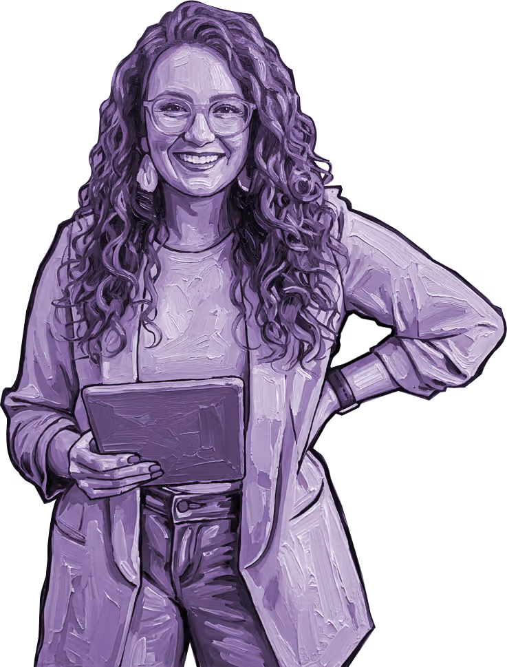 Smiling woman with curly hair, glasses, and earrings holding a tablet with one hand on her hip.