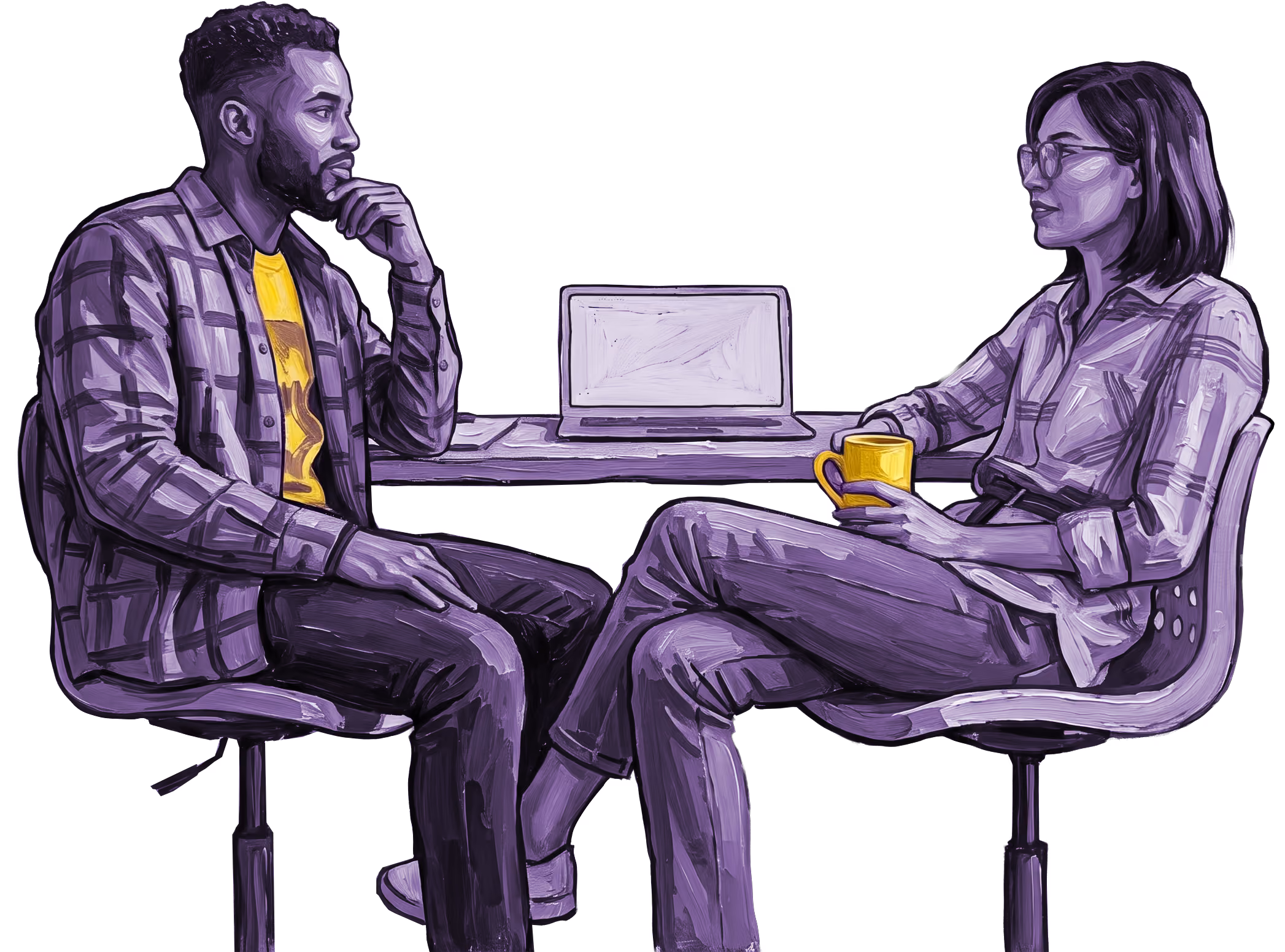 Two people sitting opposite each other in chairs with a laptop on a table between them.