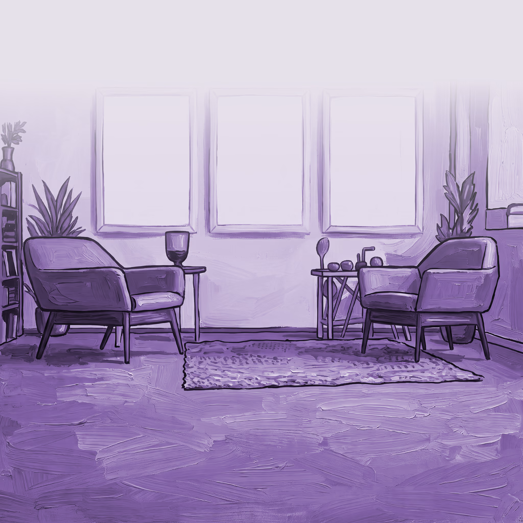 Illustration of two armchairs facing each other with a rug and side tables in a cozy room.