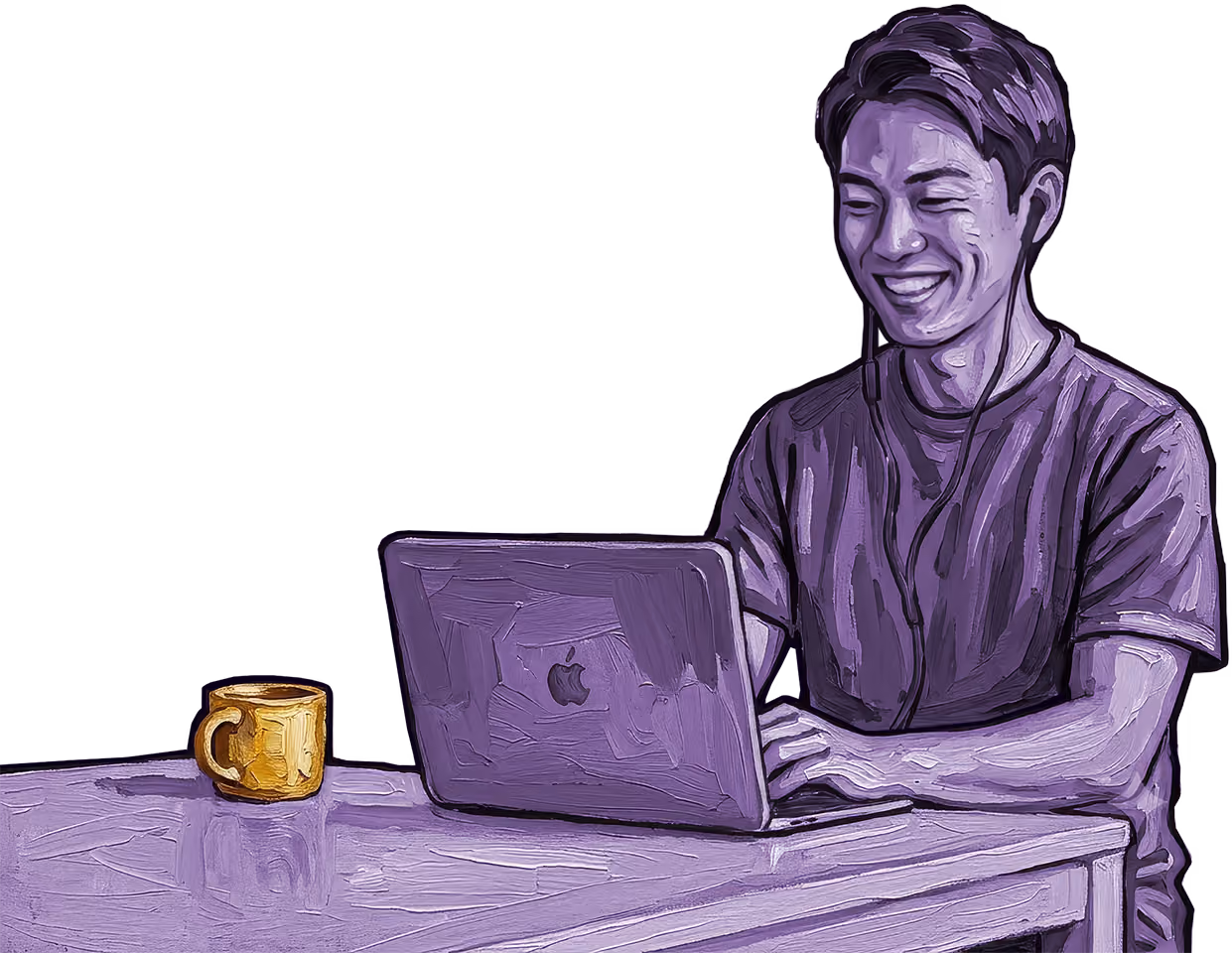 Young man smiling while using a laptop with earphones, a coffee mug on the table beside him.