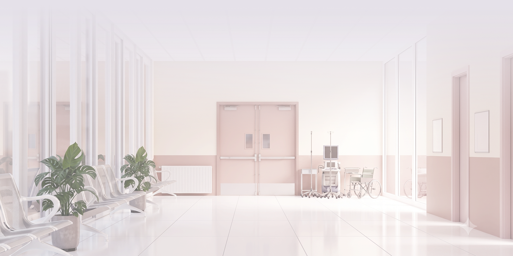 Modern office space with four desks, rolling chairs, large windows, and plants in a bright room.