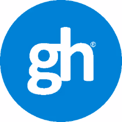 GH logo in white lowercase letters inside a solid blue circle.