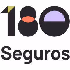 Logo with the number 180 in stylized font with a small yellow triangle on the top left of the 1 and two intersecting circles forming the 8, plus a purple semicircle forming the 0, with the word 'Seguros' beneath it.