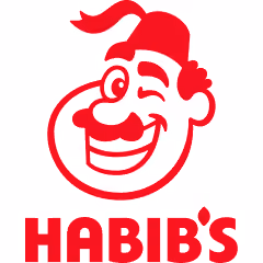 Red stylized cartoon face of a smiling man wearing a fez hat above the red text 'HABIB'S'.