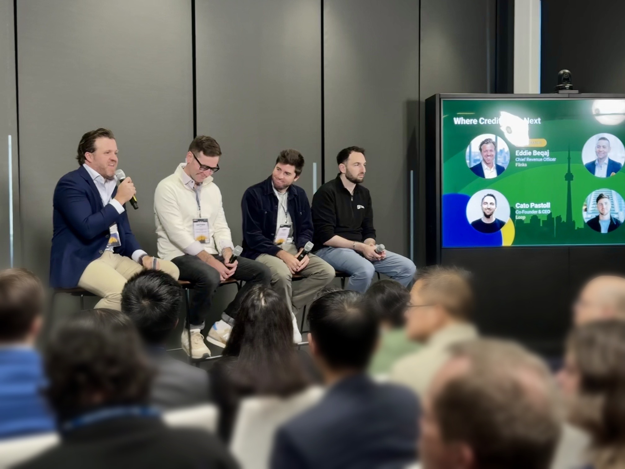 Eddie Beqaj, Flinks CRO, moderating "Where Credit Goes Next" at the Canadian Lenders Association Summit 2026. On the panel (left to right): Matthew Wiens (Senior Vice President of Bank Programs and Legal Affairs at Propel Holdings), Casey Lewis (Director of Product at Wealthsimple), and Cato Pastoll (Co-Founder and CEO of Loop).
