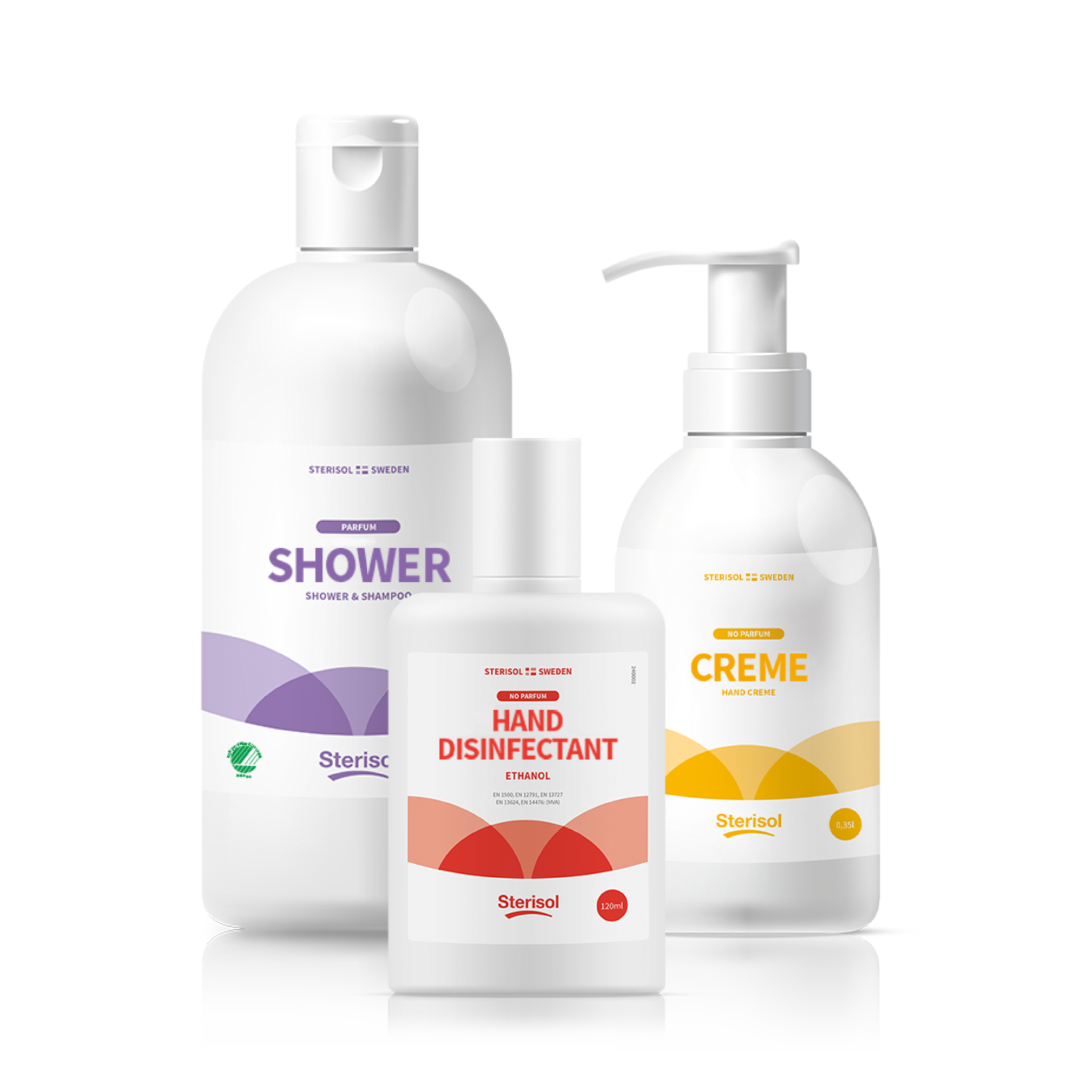 Sterisol Sweden förpackningar med shampoo, handdesinfektion och creme