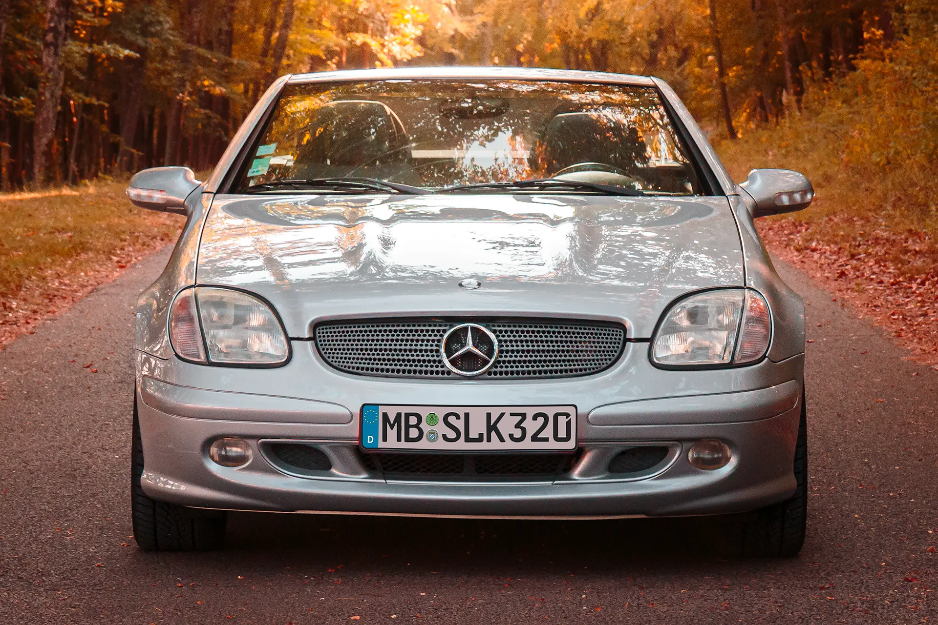 Face avant d'une Mercedes SLK R170 grise avec une plaque d'immatriculation allemande personnalisée