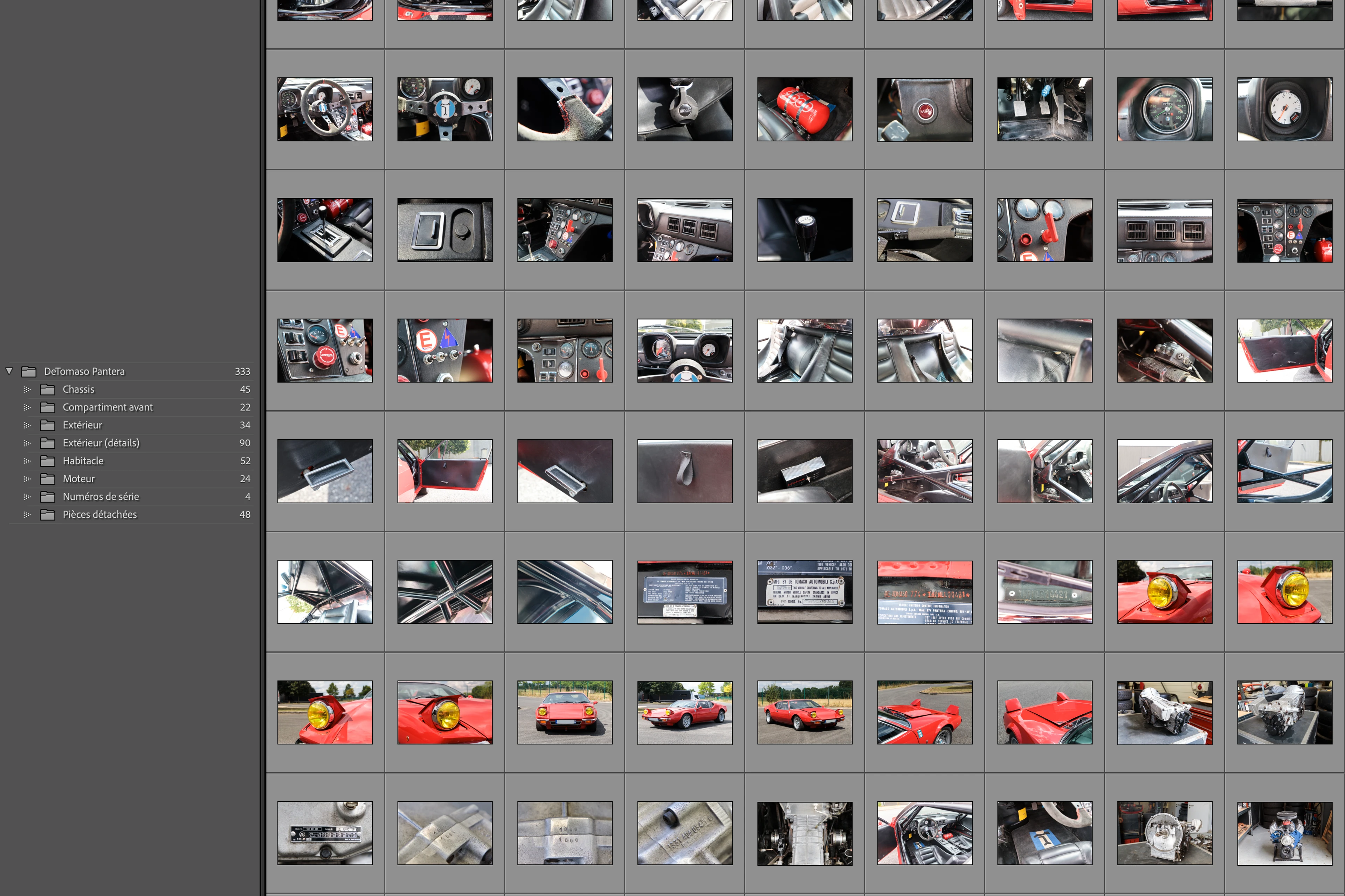 Capture d'écran de Lightroom avec un dossier sur une DeTomaso Pantera rouge