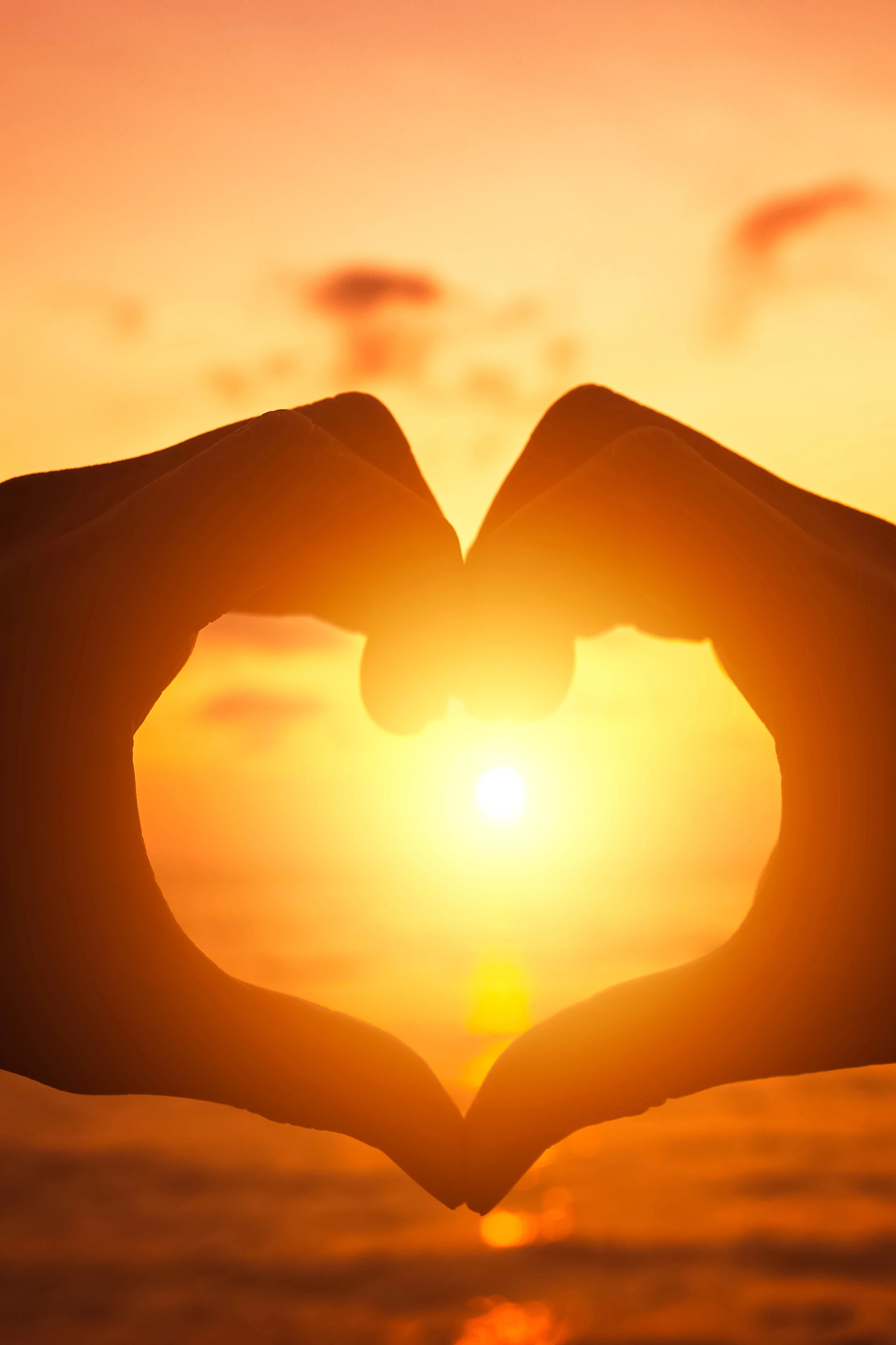 Cœur avec les mains devant un coucher de soleil