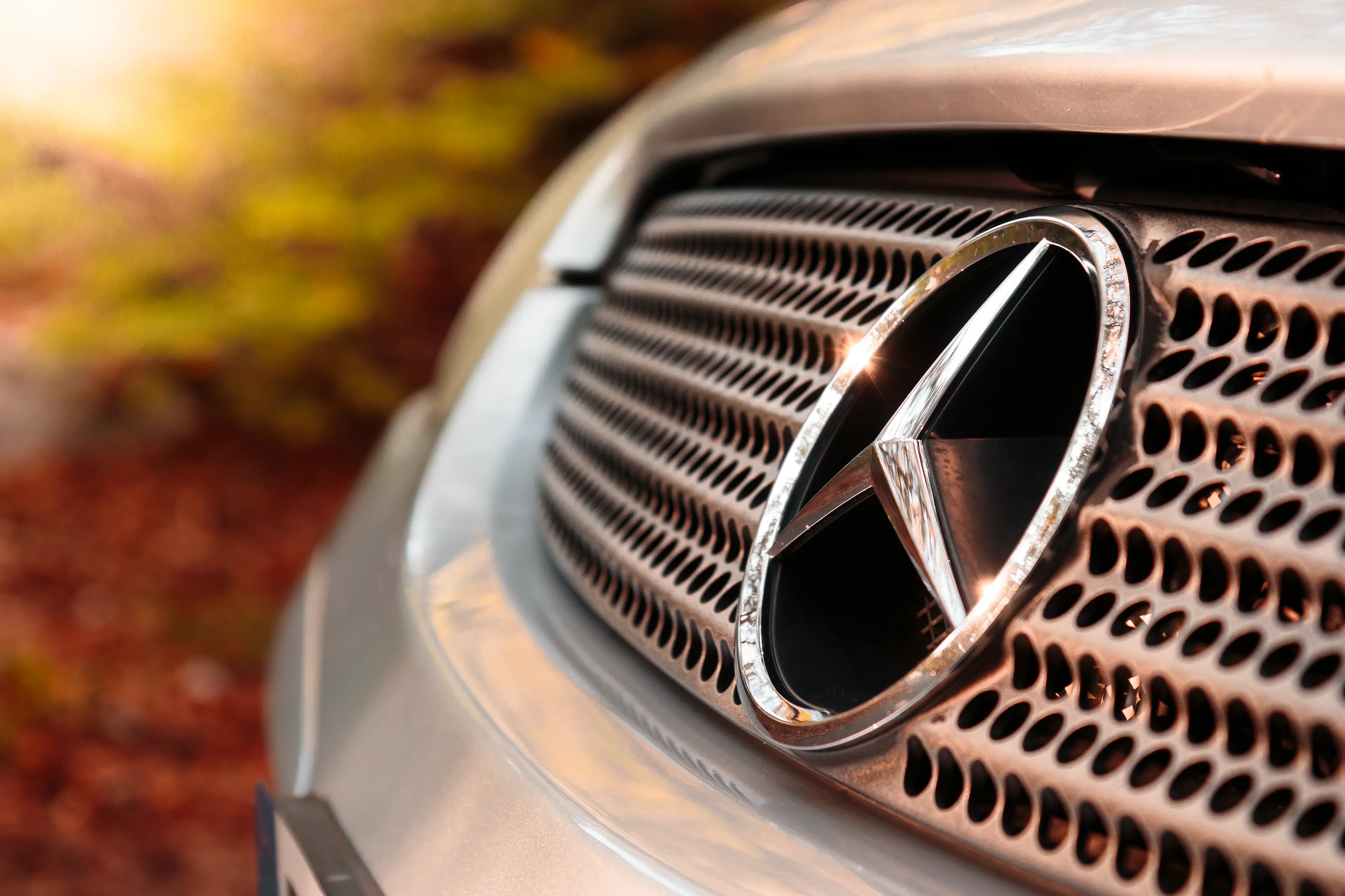 Logo Mercedes sur une calandre de Mercedes SLK R170 grise